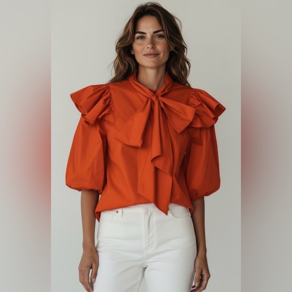 Tanya Taylor Daisy Orange Poplin Puff Sleeve Tie Neck Blouse Size 4